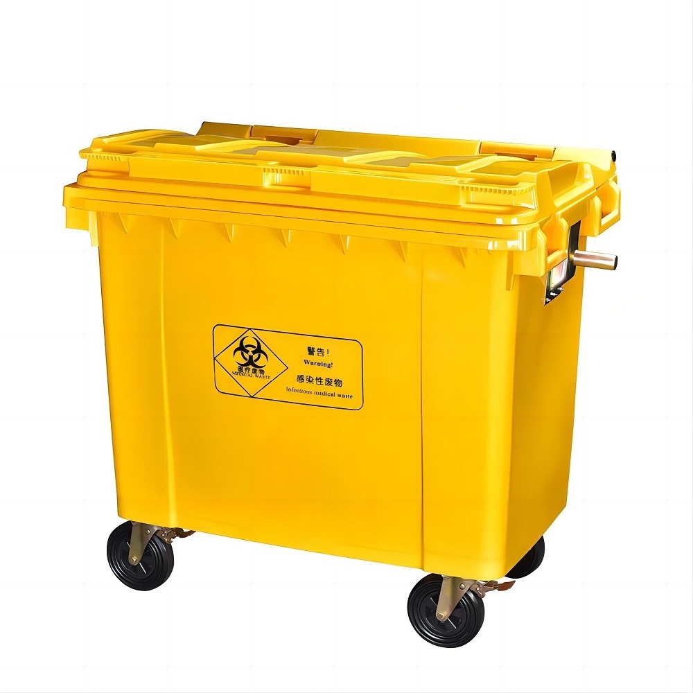 Yellow plastic 660 liter 4 wheels trash can waste wheelie bin large capacity outdoor plastic waste bins