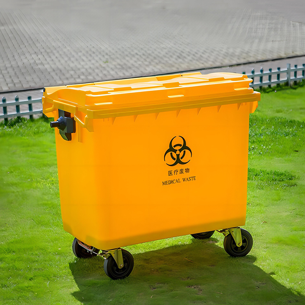 Yellow plastic 660 liter 4 wheels trash can waste wheelie bin large capacity outdoor plastic waste bins