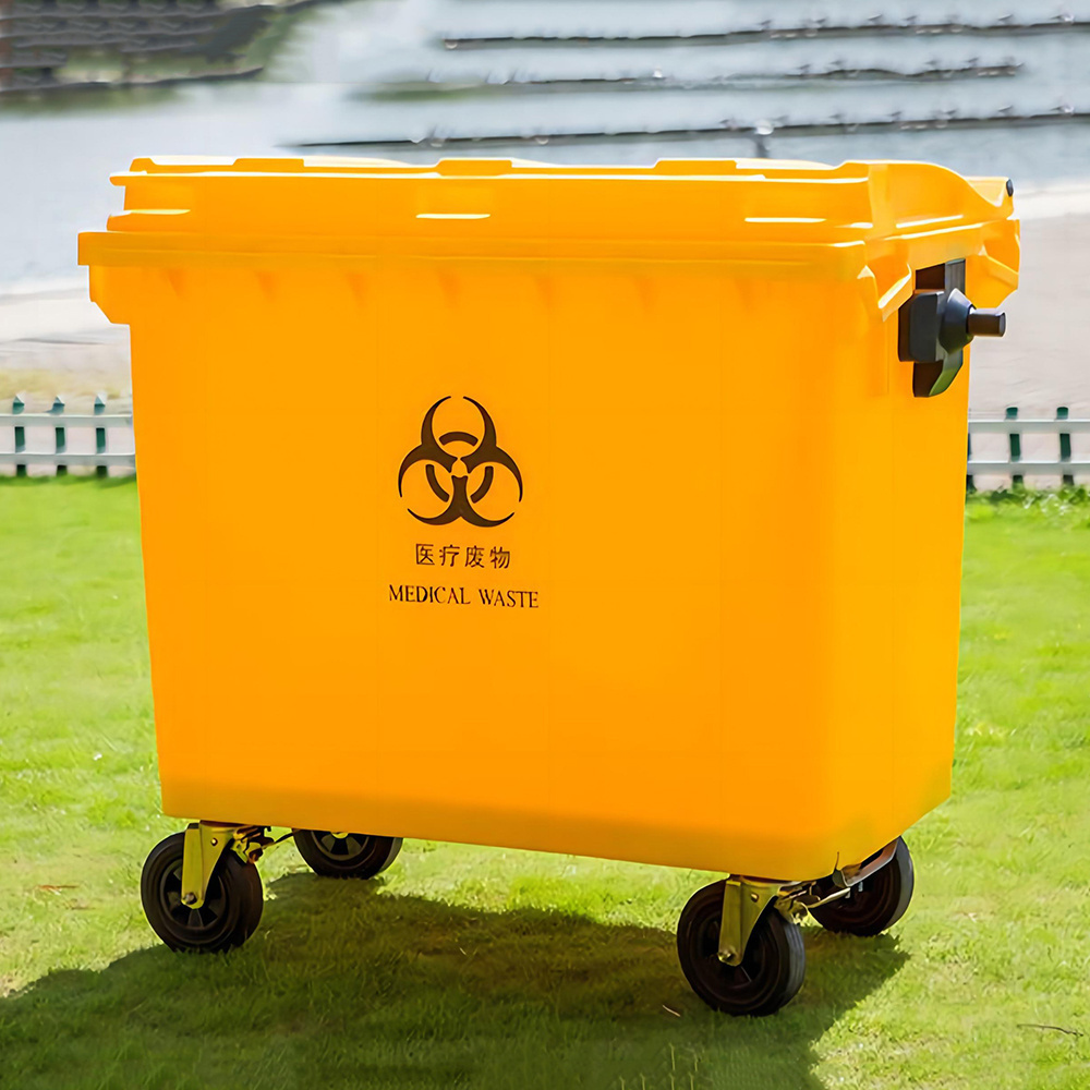 Yellow plastic 660 liter 4 wheels trash can waste wheelie bin large capacity outdoor plastic waste bins