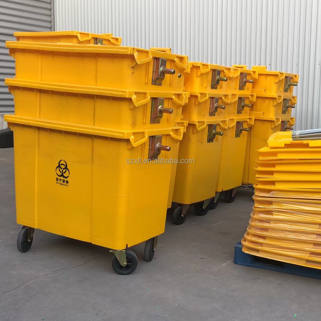 Yellow plastic 660 liter 4 wheels trash can waste wheelie bin large capacity outdoor plastic waste bins