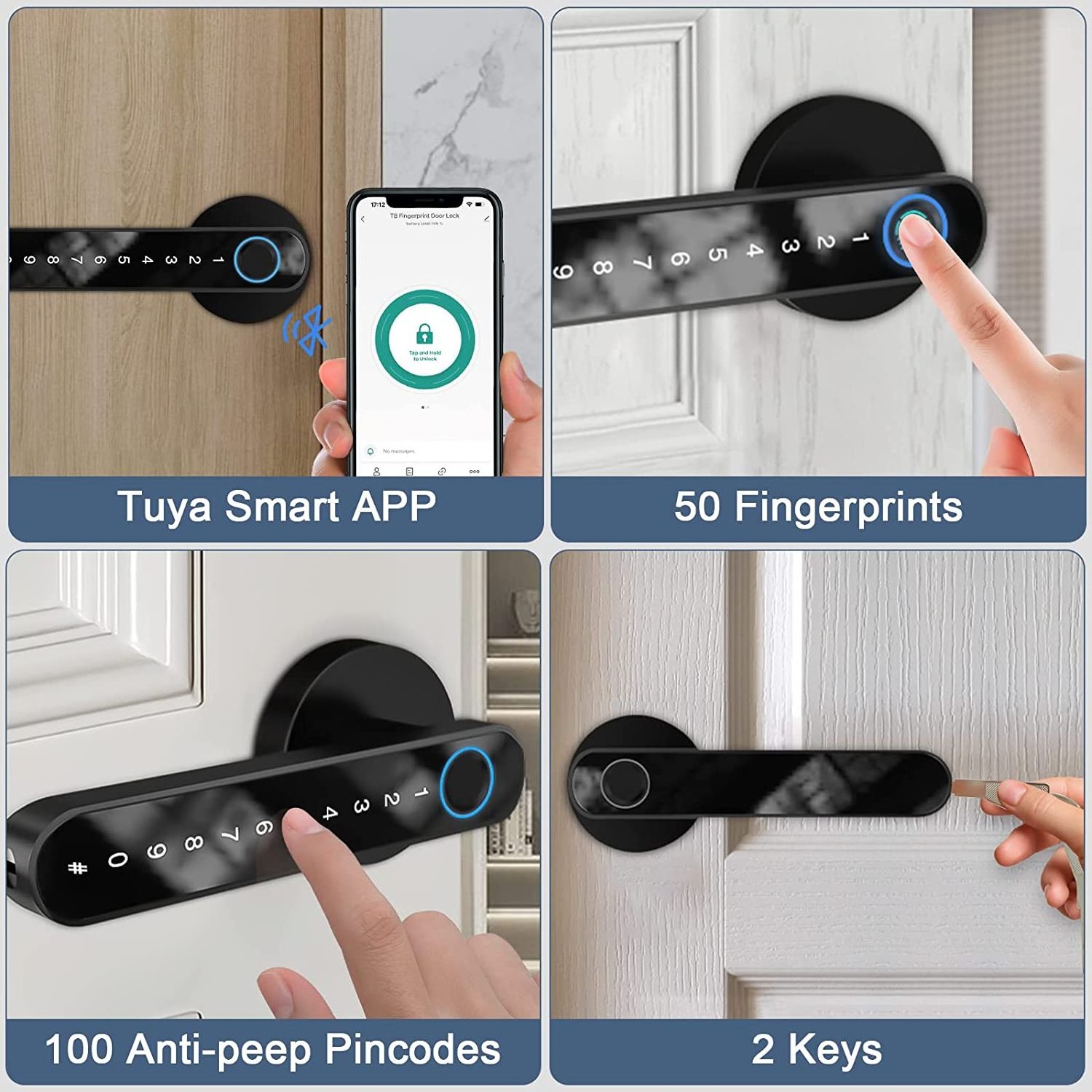 Bluetooth Biometric Fingerprint Password Key Unlock Digital Electronic Door Lock tuya smart lock For Bedroom Home