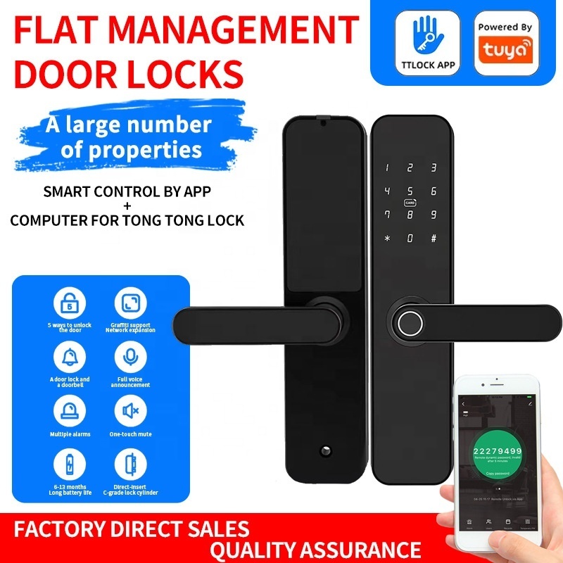 Electric Keyless Lock Door Handle Security Tuya Ttlock App Cheap Black Smart Entry Door Lock With Fingerprint