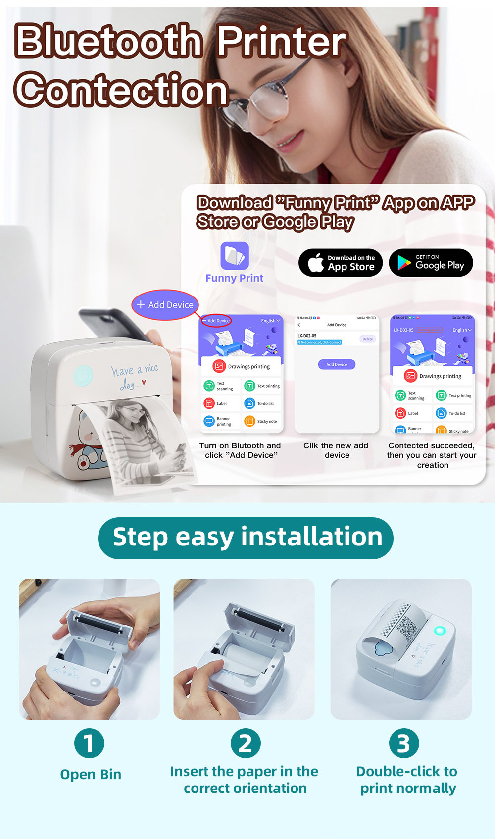 Lai Lai Bear 203dpi 53mm Printing Stickers Wireless Inkless Mini Pocket Label Notes Portable Photo Printer