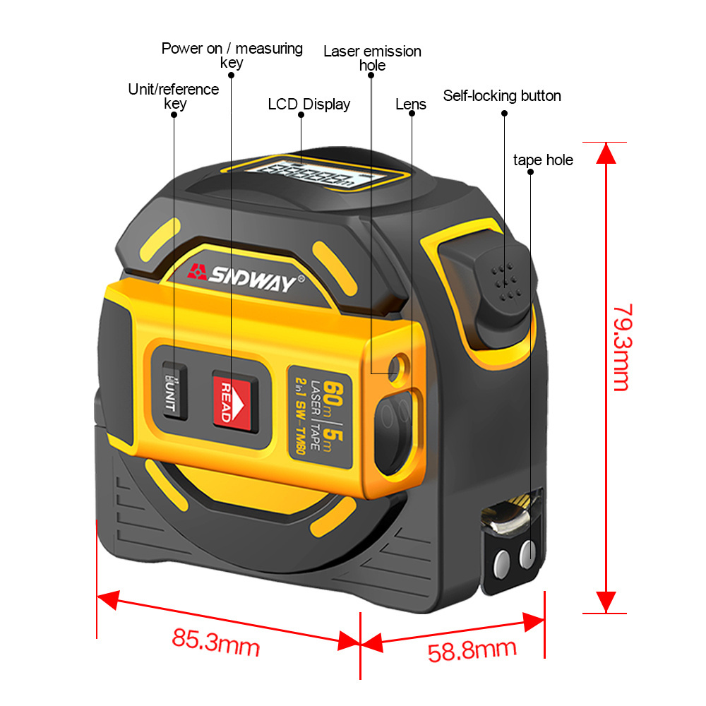 SNDWAY new Laser distance meter Tape rangefinder multi function Self-Locking Hand Tool Device SW-TM60