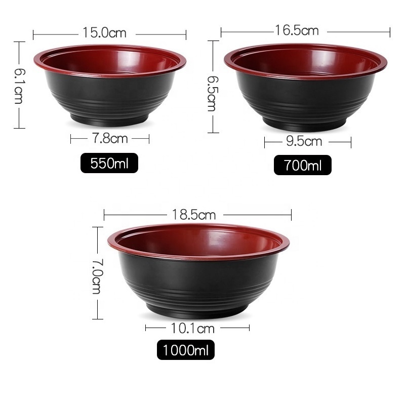 550ml 700 1000 ml Red Black Ramen Takeaway Round Bowl Disposable Thickened Plastic Pet Restaurant Disposable Bowls to Go