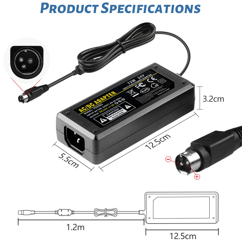 Best Quality AC/DC Printer Adaptor 24v 3a Power Adapter 3 pin din connector