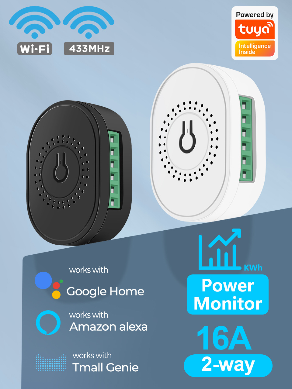 RF433 + WiFi 16A Tuya  Smart Wireless Switch Light 2 Way Module On Off Timer Breaker  with Power Monitor For Google Home Alex