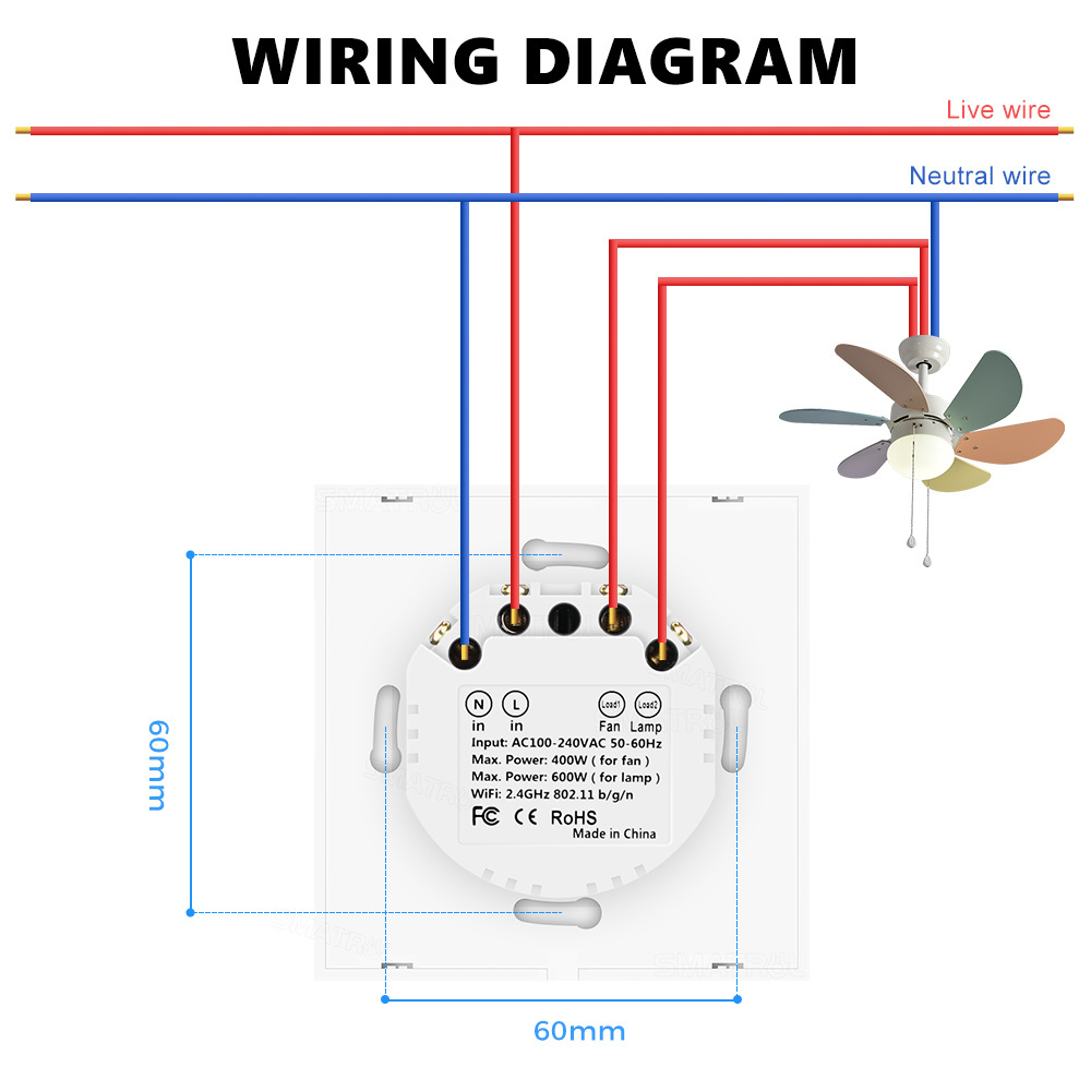 Smart  Tuya wifi fan light switch   100-240V EU  work with Alexa Google Home