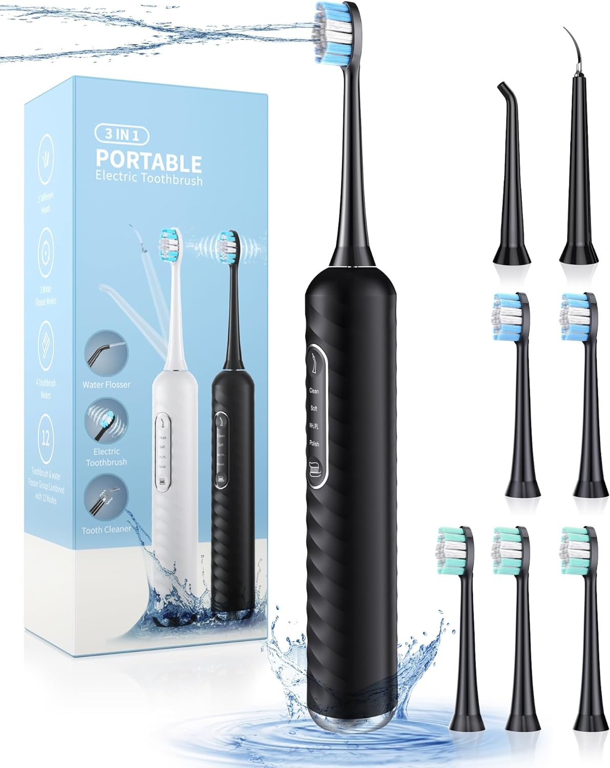 3 in 1 Teeth Cleaning Kit with 4 Modes, Electric Toothbrush and flosser Combo, Water Flosser Portable for Travel and Home