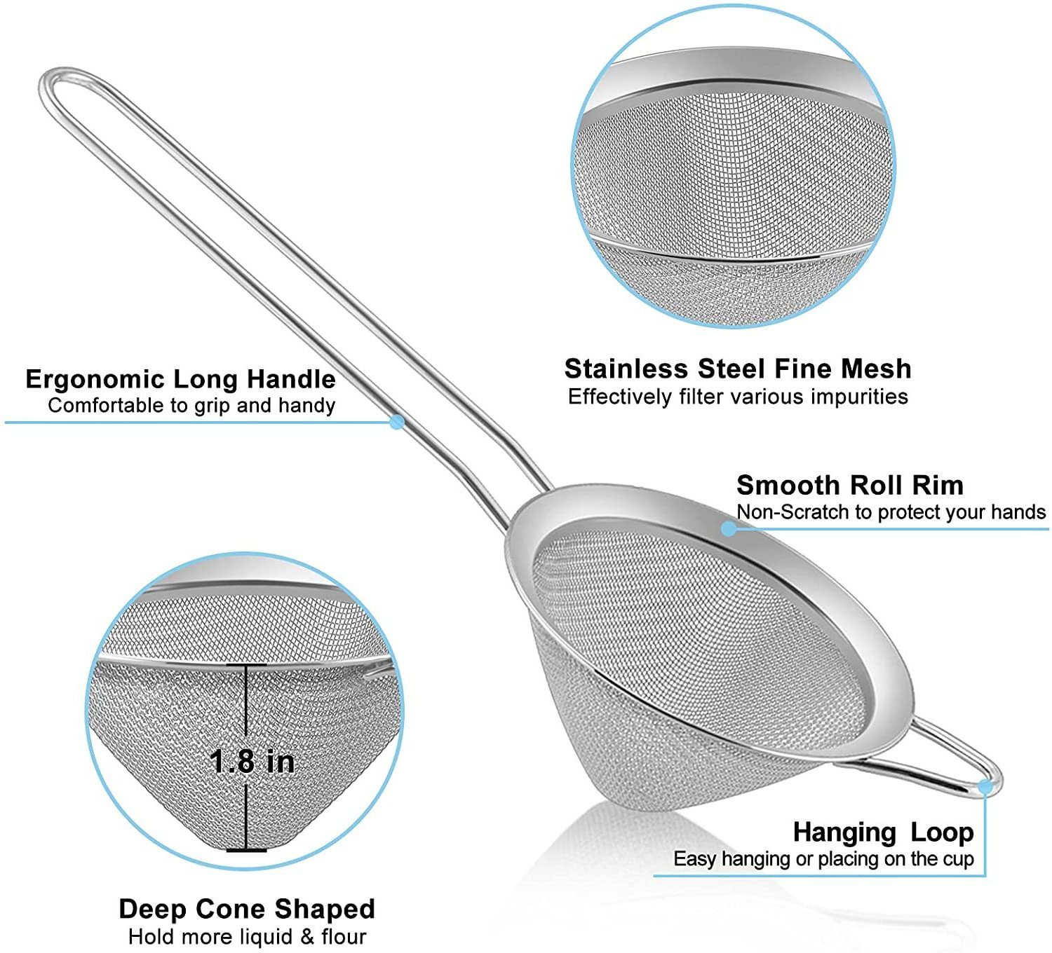 Stainless Steel Tea Coffee Cocktail Food Strainer with Long Handle and Hanging Loop Small Conical Cone Mesh Sieve Strainer