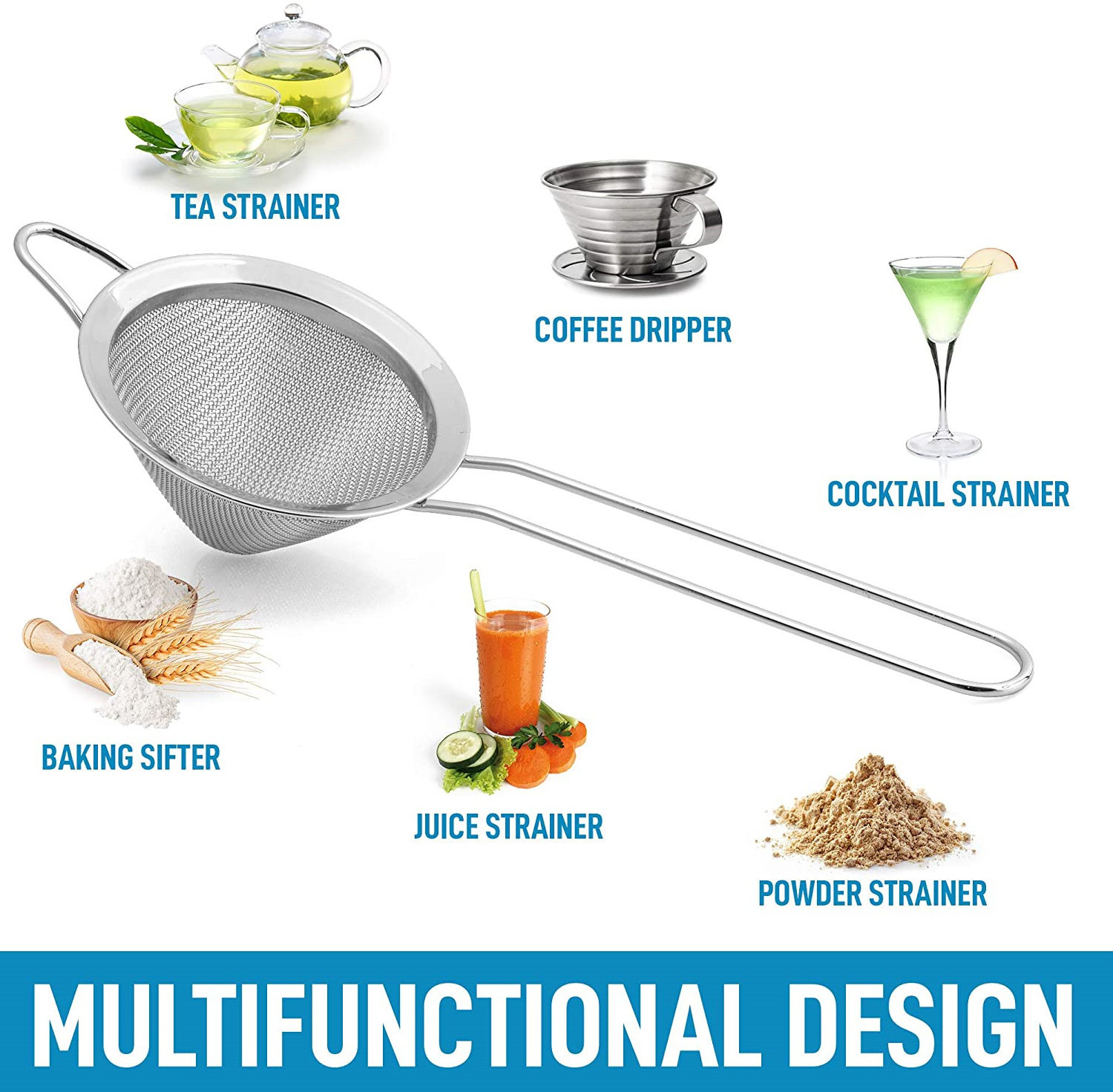 Stainless Steel Tea Coffee Cocktail Food Strainer with Long Handle and Hanging Loop Small Conical Cone Mesh Sieve Strainer