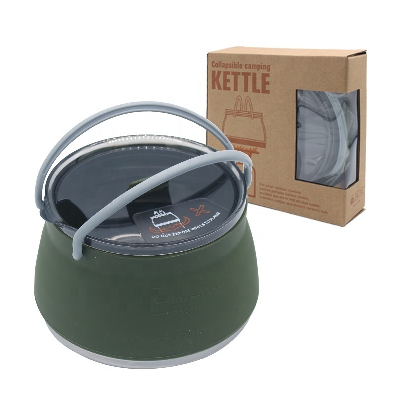 Green 1000ml Portable camping kettle  cookware set collapsible silicone kettle  for outdoor gas stove and Induction cooker