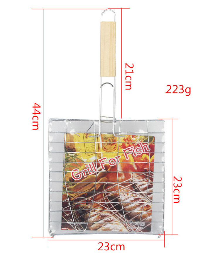 Stainless Steel BBQ Barbecue Grilling Basket for Fish Vegetable Steak Shrimp Barbecue Tool Kits Wood Handle BBQ Grill Basket