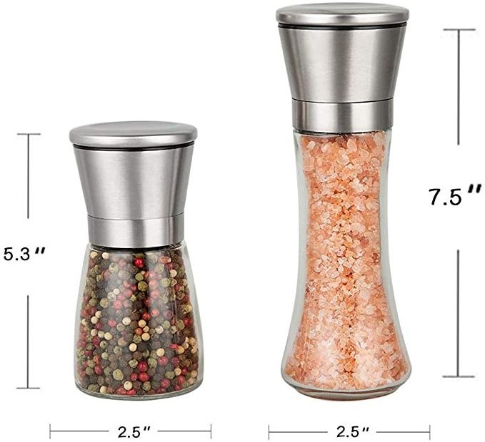 Premium Stainless Steel Spice Mill Short Glass Shakers Adjustable Manual Salt and Pepper Grinder Shaker