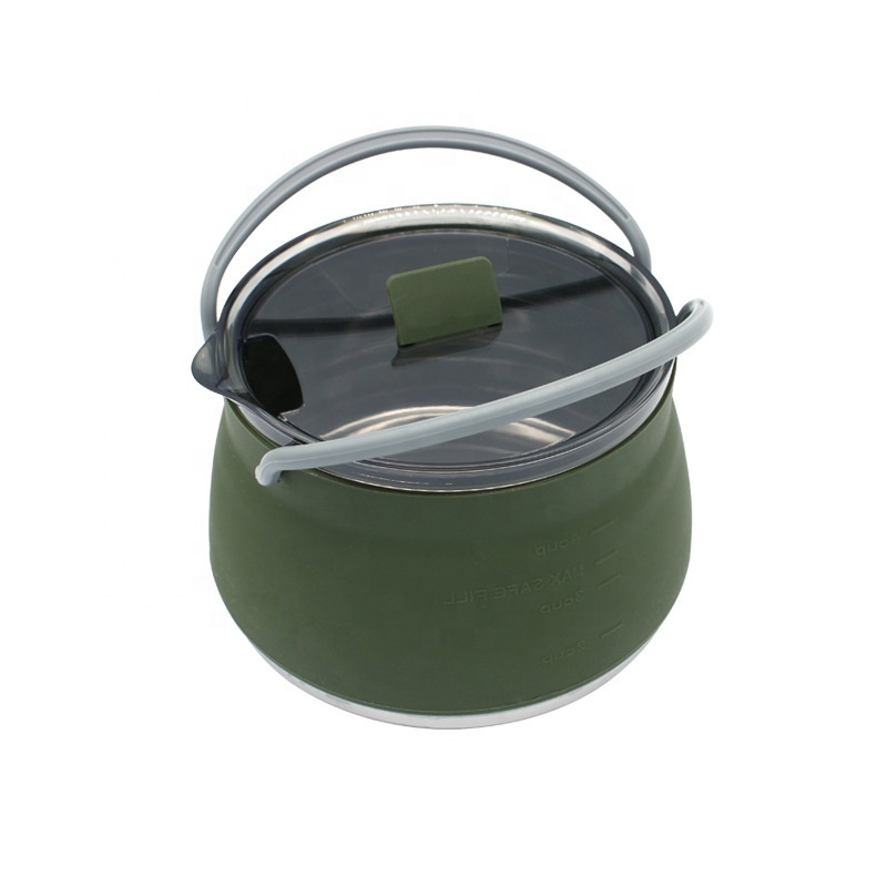 Green 1000ml Portable camping kettle  cookware set collapsible silicone kettle  for outdoor gas stove and Induction cooker