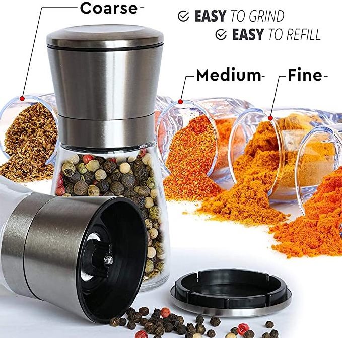 Premium Stainless Steel Spice Mill Short Glass Shakers Adjustable Manual Salt and Pepper Grinder Shaker