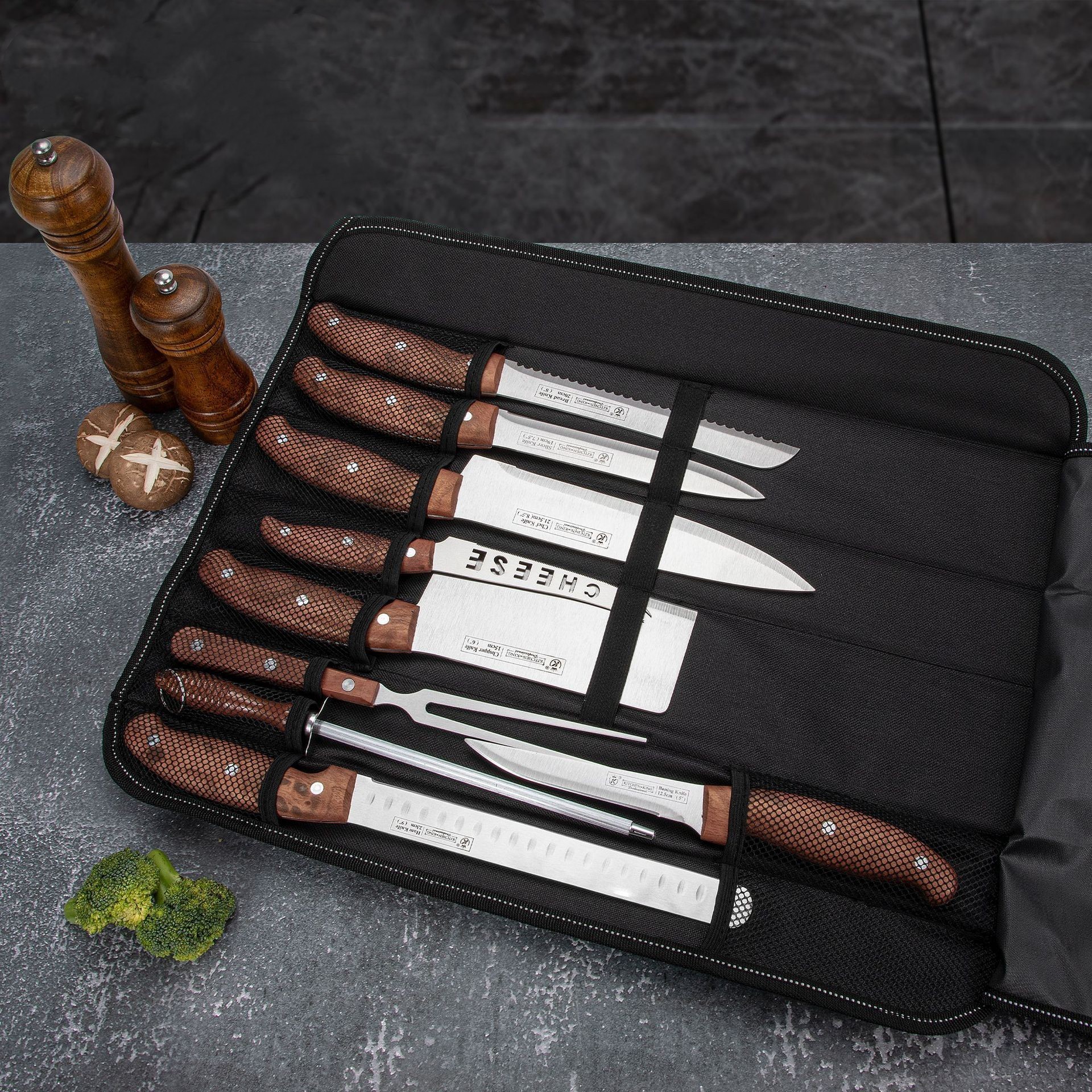 New arrivals 9pcs kitchen knife set with roll bag chopper knives set stainless steel chef Knife