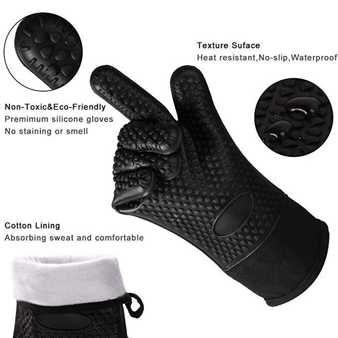 Easy Clean Black Silicone BBQ Cooking Gloves Set Rubber Gloves With Cotton Lining Heat Resistant Silicone BBQ Gloves