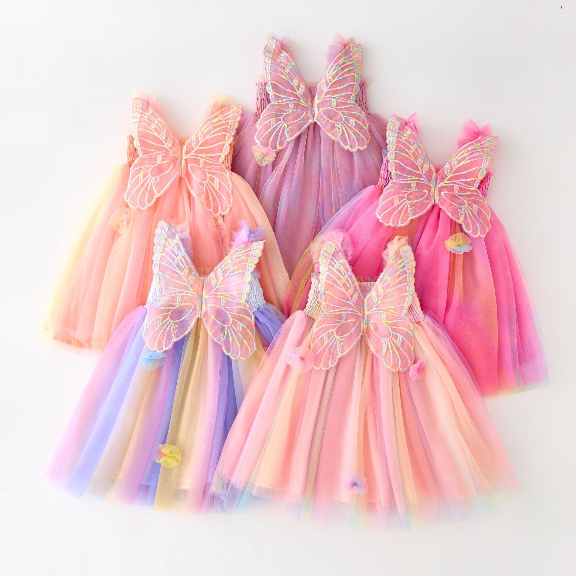 2024 summer tulle 3D flower back butterfly dress for girls kids