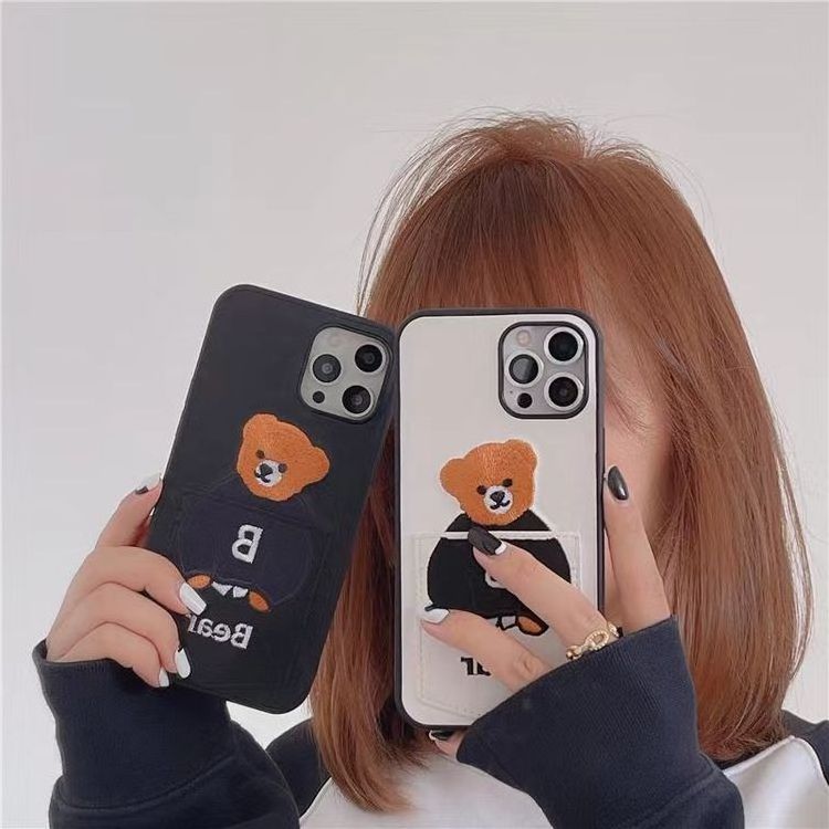 Customizable Phone Case with Shock-Absorbing Card Holder Teddy Bear Faux Leather Phone Case for iPhone 13 14 15