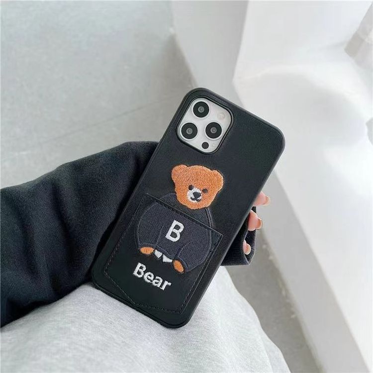 Customizable Phone Case with Shock-Absorbing Card Holder Teddy Bear Faux Leather Phone Case for iPhone 13 14 15