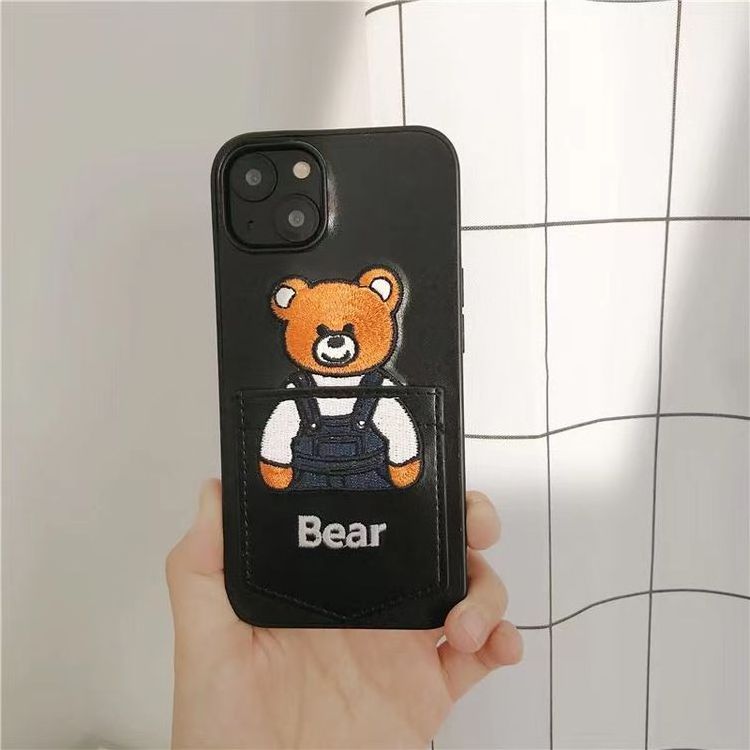 Customizable Phone Case with Shock-Absorbing Card Holder Teddy Bear Faux Leather Phone Case for iPhone 13 14 15