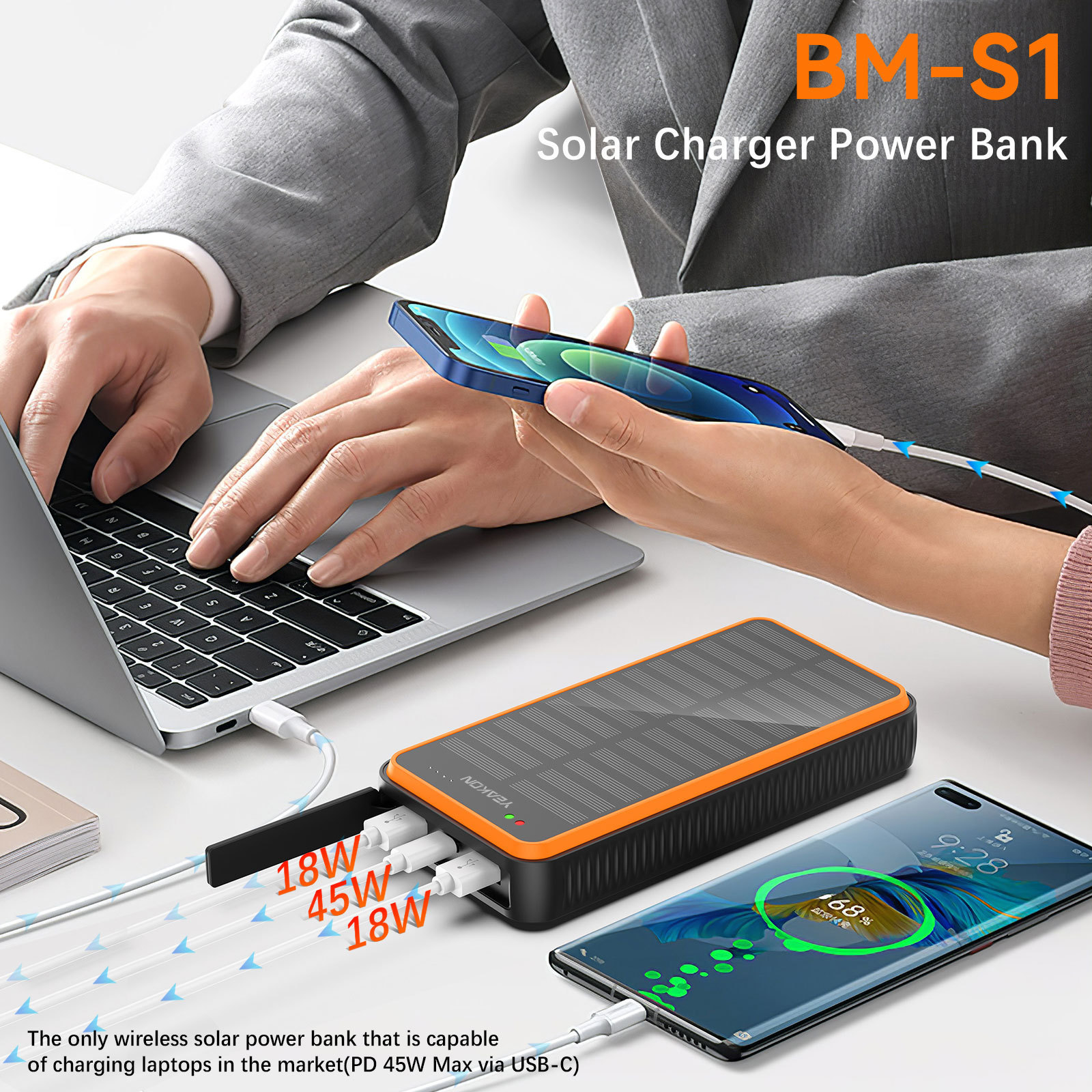 Solar Charger Power Bank Laptop Cell Phone Qi Wireless Portable Powerbank 26800mAh 45W PD Fast Charging External Battery Pack