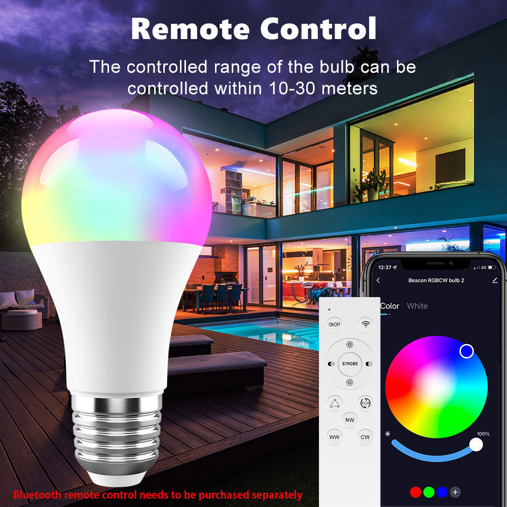 Smart Life Tuya APP Control Dimming RGB+CW+WW LED Color Changing Light 9W Bluetooth 5.0 Light Smart Bulb AC E27 0.01 Voice Led