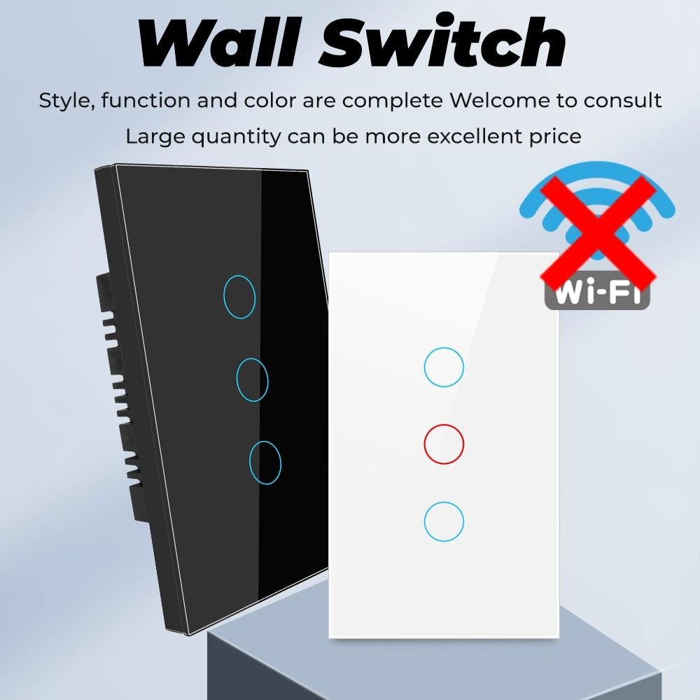 Touch Light Switch 110V 220V US No Neutral Wire Glass Screen Panel Electric Smart Wall On OFF Control LED Lamp