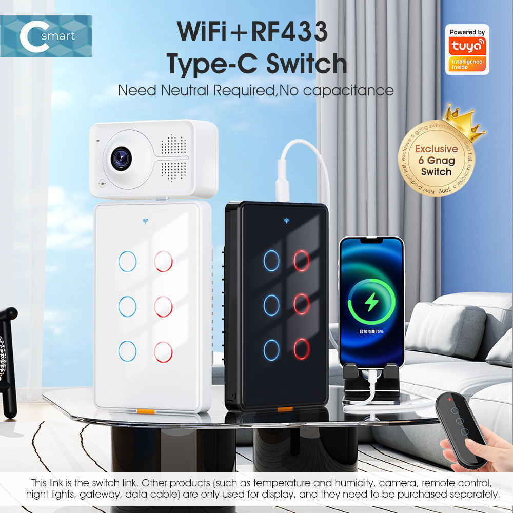 120*72 US Standard Type-C Timing Voice App 6 Gang RF433 Wifi Light Tuya Smart Switch For Alexa Yandex Google Home