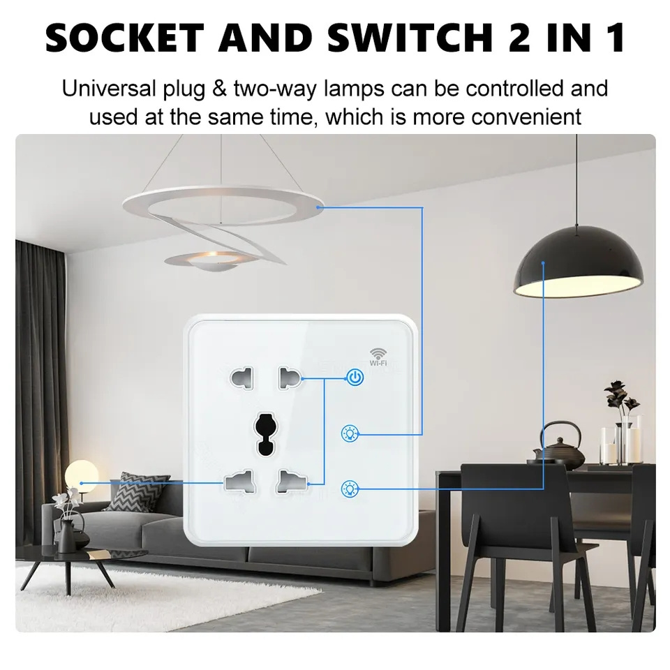 EU US UK Plug Universal power outlet WiFi Tuya Smart 2-in-1 Glass Wall Socket with 2Gang Touch Light Switch