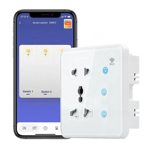 EU US UK Plug Universal power outlet WiFi Tuya Smart 2-in-1 Glass Wall Socket with 2Gang Touch Light Switch