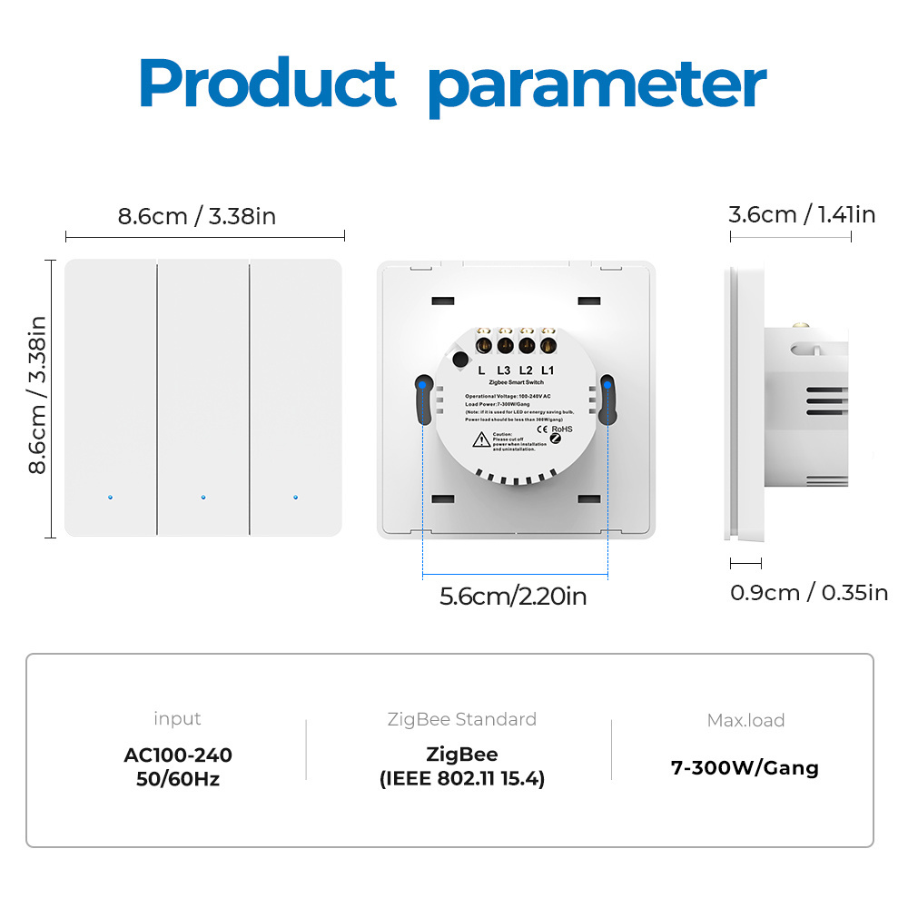 No Capacitor No Neutral 1/2/3 Gang US Light Touch Tuya Wall Smart Zigbee Switch For Alexa Google Home 2mqtt