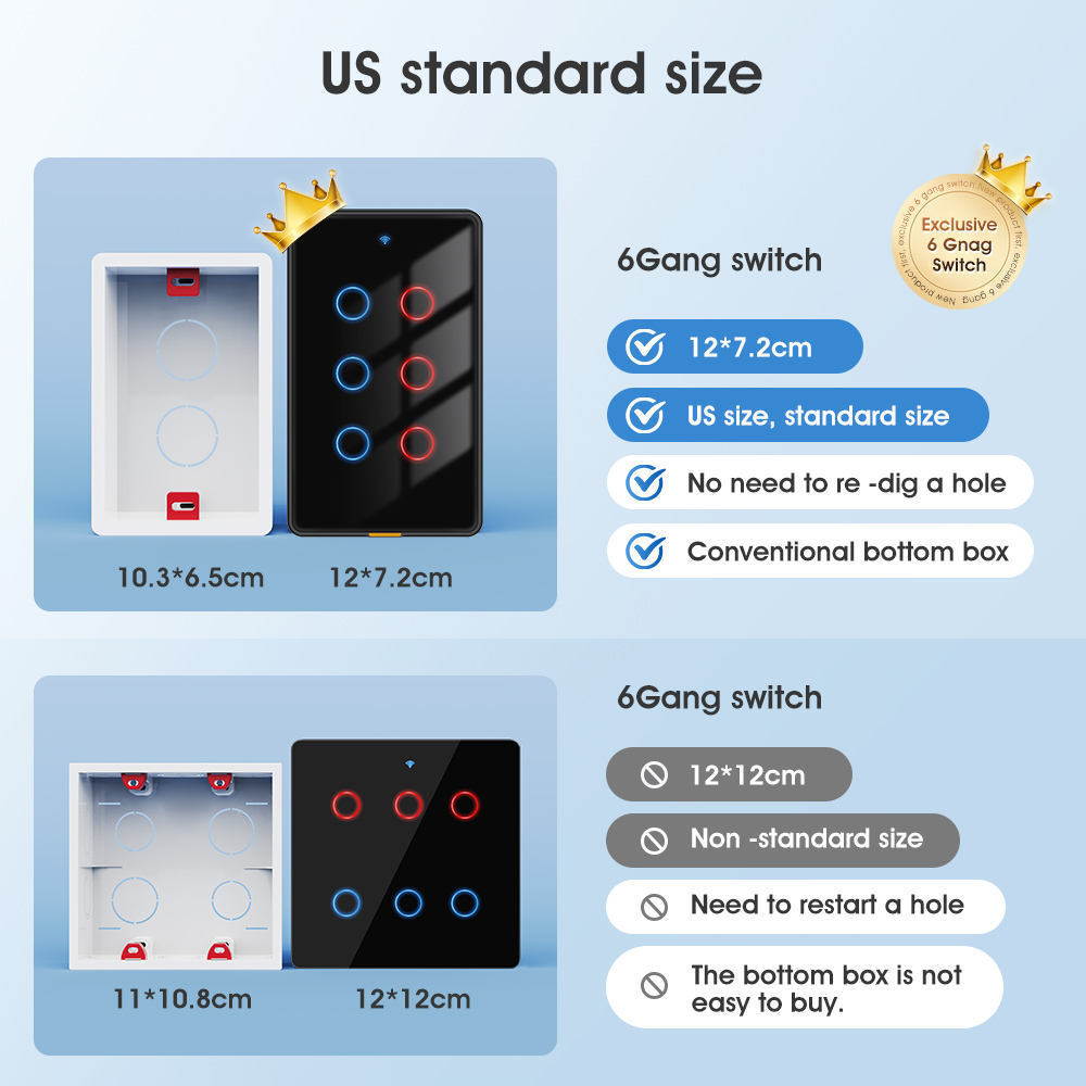 120*72 US Standard Type-C Timing Voice App 6 Gang RF433 Wifi Light Tuya Smart Switch For Alexa Yandex Google Home