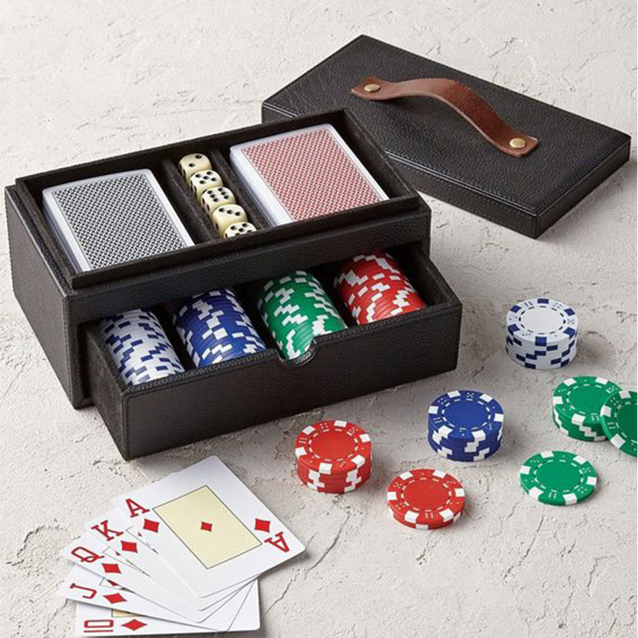 Professional Leather Chips Poker Case, Complete Poker Playing Game Chips, Cards, Dice Case Box