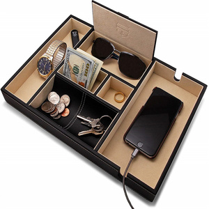 Customs Men Jewelry Keys Watch Organizer Tray Table Valet tray PU Leather Velvet Tray with Charging Station