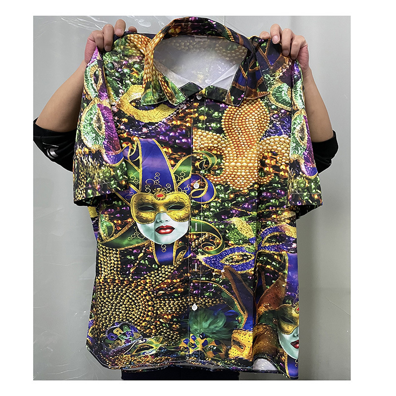 Wholesale Custom 3D Print Mardi Gras Shirts Party Polyester Men's Short-sleeved Hawaiian Shirts