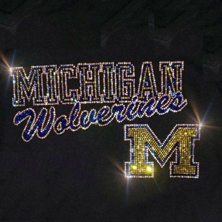 Bling Bling Michigan Wolverines University Fashion Pattern Rhinestone Transfers Iron on transfer Wholesale custom