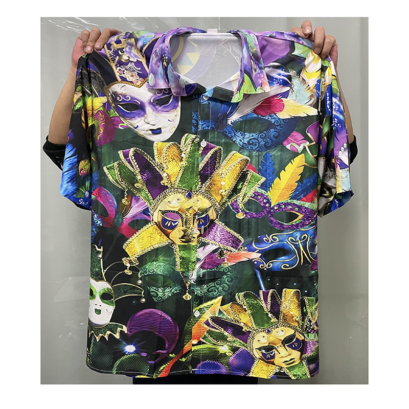 Wholesale Custom 3D Print Mardi Gras Shirts Party Polyester Men's Short-sleeved Hawaiian Shirts