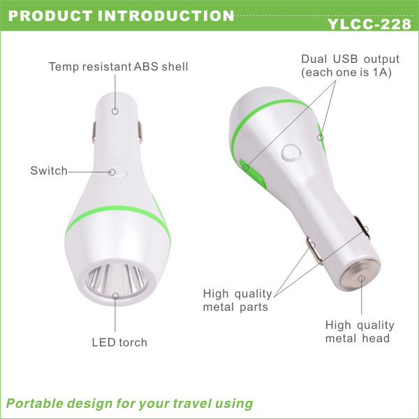 Free sample Torch flash light flashlight quick charge car charger dual usb cell phone chargers fast car chargers