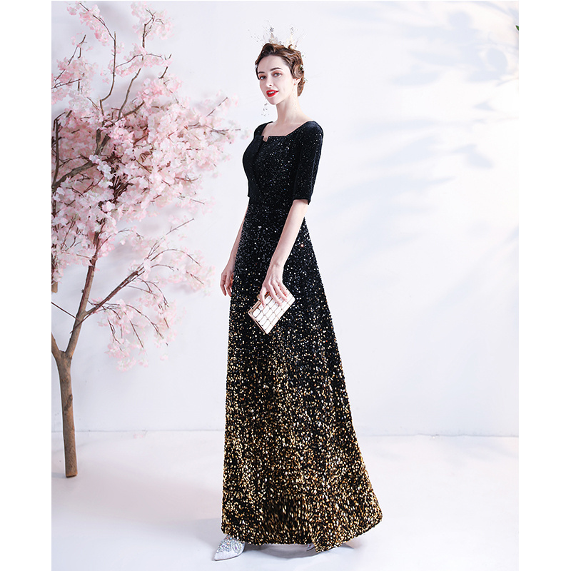 2022 New Summer Custom Modern Black Gold Gradient Luxury Half Sleeve Square Neck Sequin Embroidery Long Women's Evening Dress