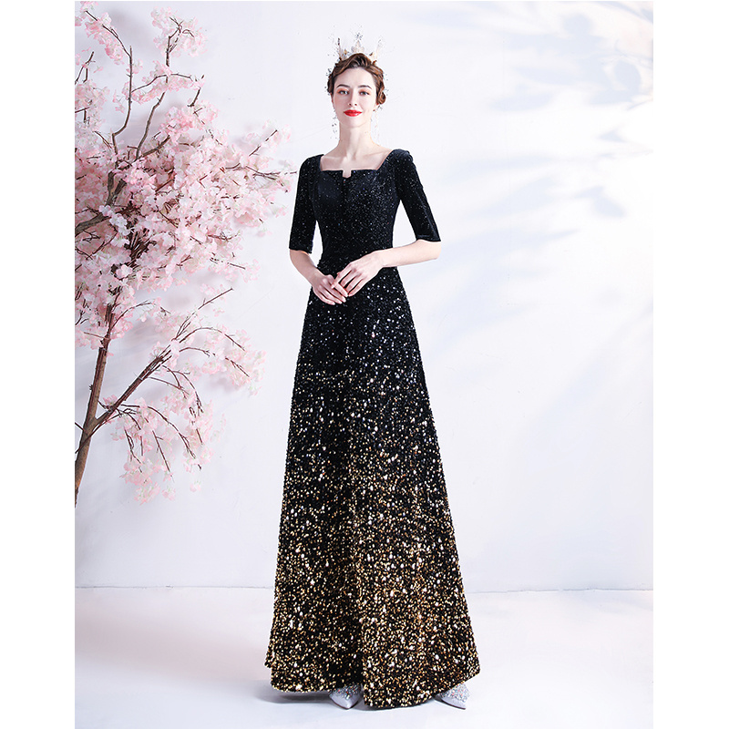 2022 New Summer Custom Modern Black Gold Gradient Luxury Half Sleeve Square Neck Sequin Embroidery Long Women's Evening Dress