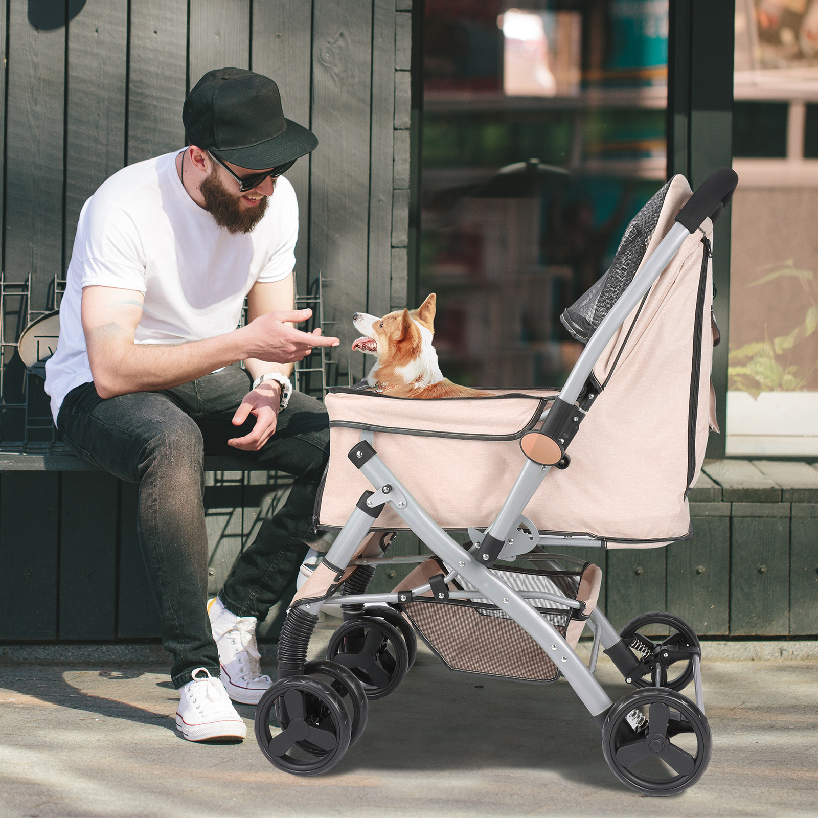 Hot Sale Folding Travel Jogging Pet Stroller Dog Puppy Pram Pushchair Buggy with Rear Wheel Damping Spring