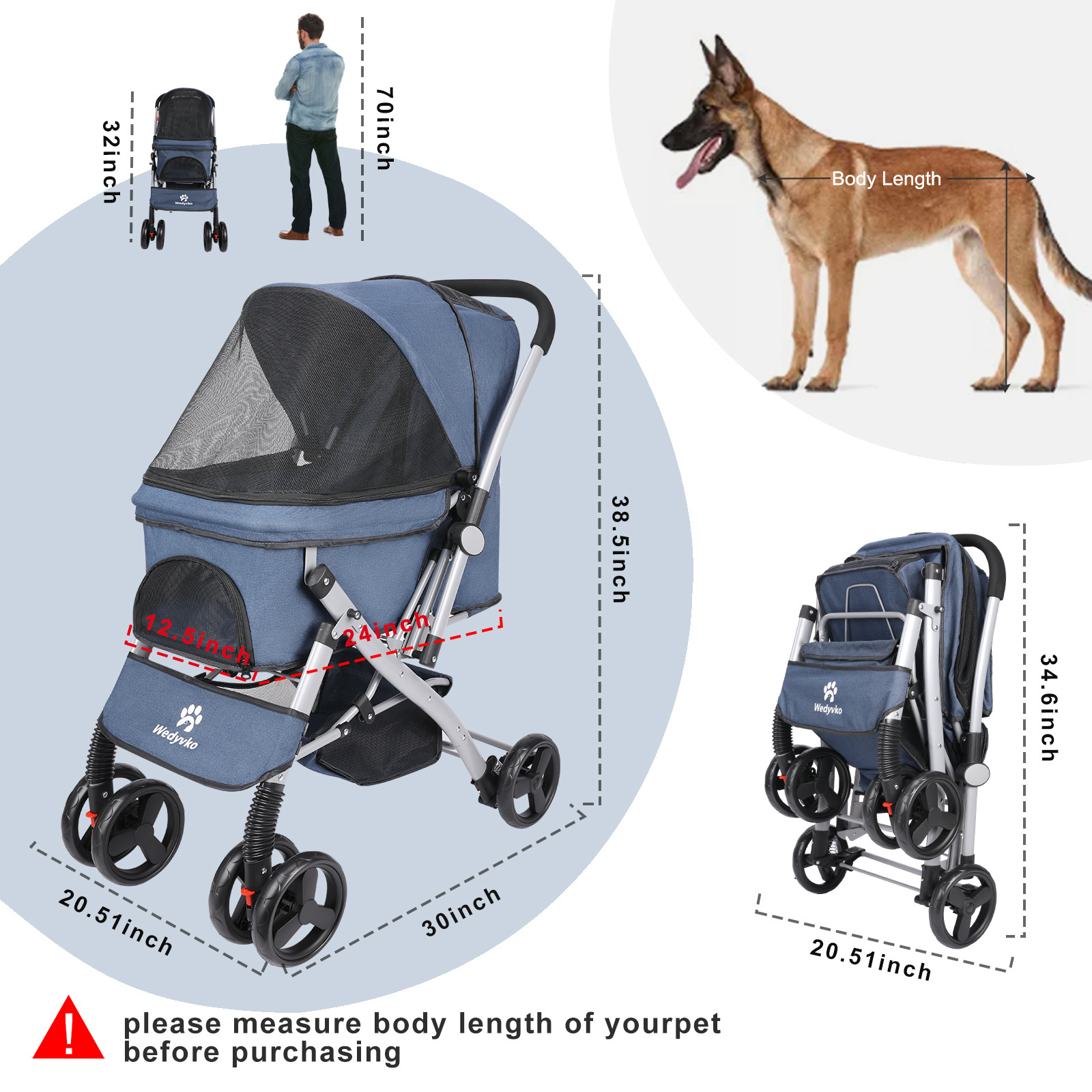 Lightweight Foldable 4-Wheel Zipperless with shock absorption Pet Stroller Trolley for Travel Shopping Walking