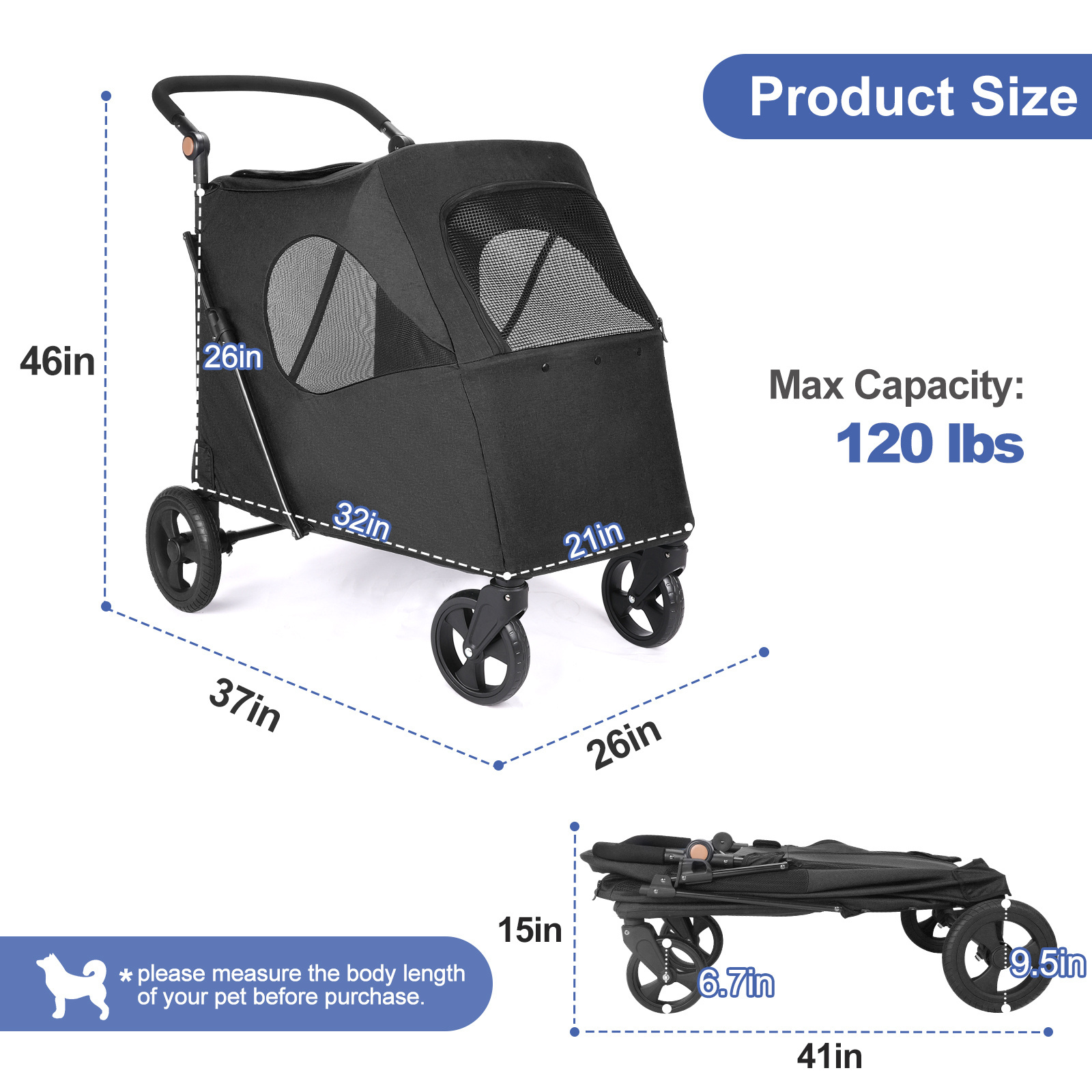 Large 4-Wheeled Pet Stroller, Foldable Stroller For Medium and Large Dogs