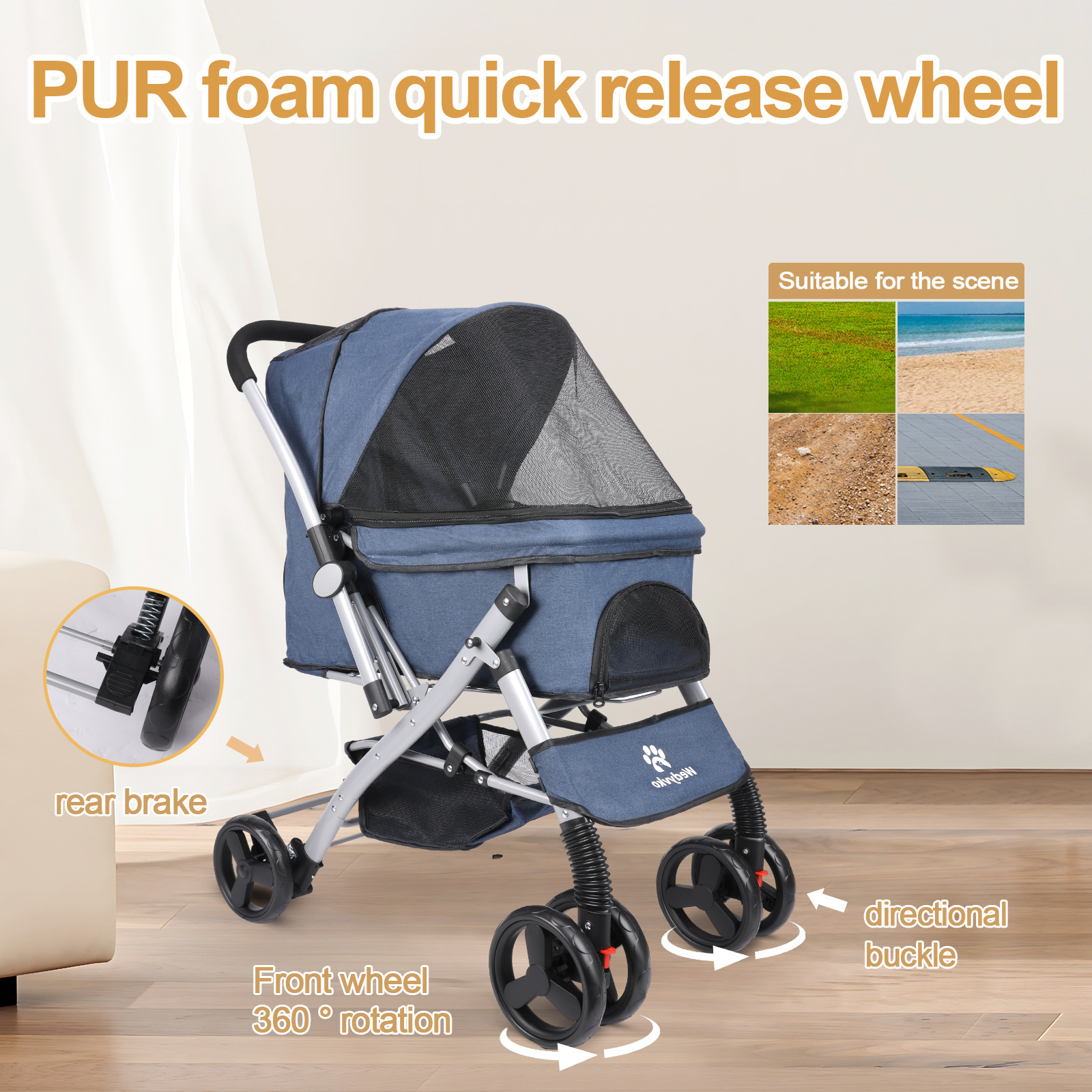 Lightweight Foldable 4-Wheel Zipperless with shock absorption Pet Stroller Trolley for Travel Shopping Walking