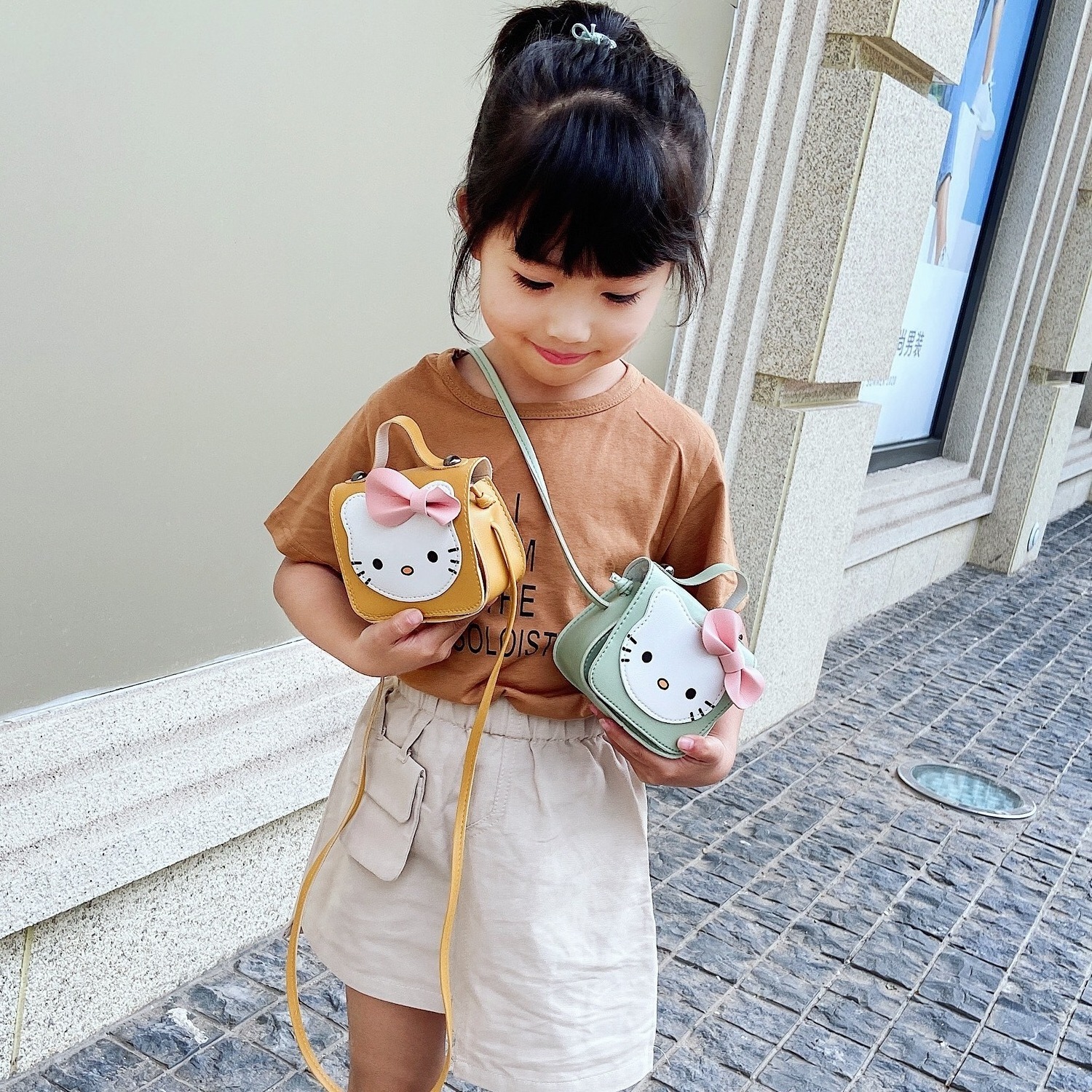 wholesale little girl cute pu leather animal shape handbags toy coin purse cross body kitty cat shoulder bag for kids