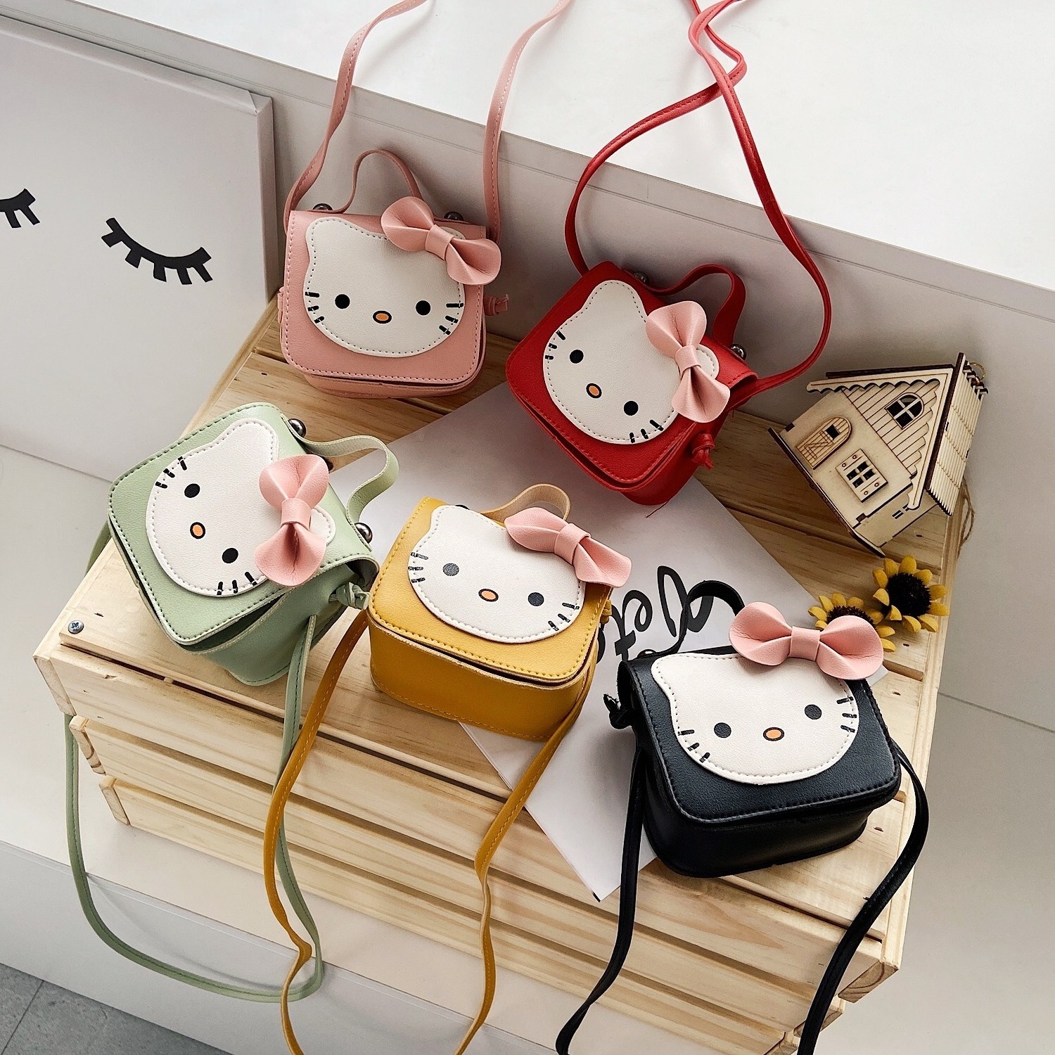 wholesale little girl cute pu leather animal shape handbags toy coin purse cross body kitty cat shoulder bag for kids