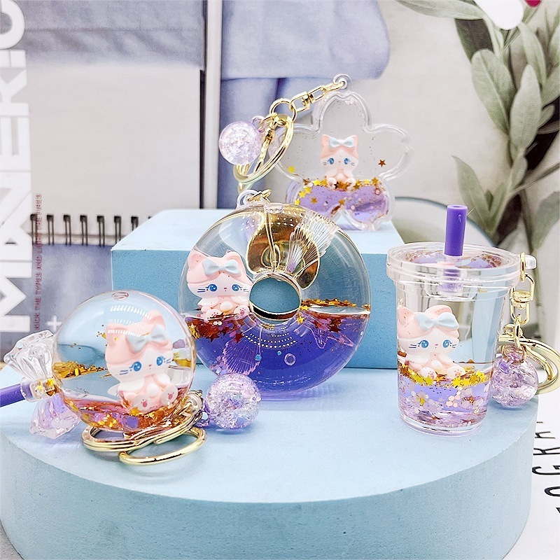 new manufacturer acrylic keyring key chain ring oil floating cartoon creative kawaii cat quicksand liquid keychain