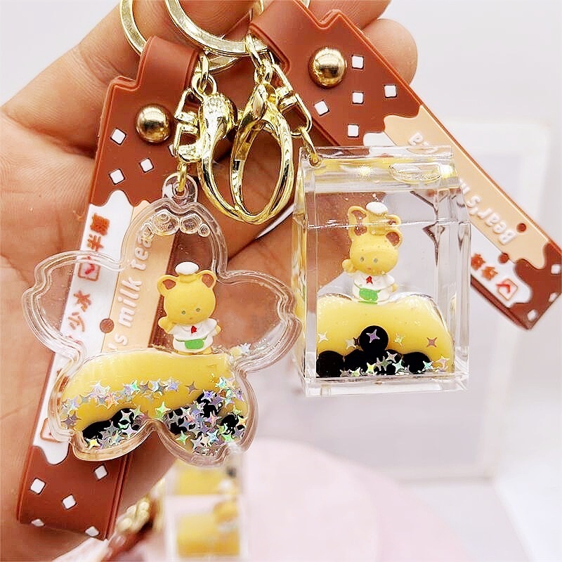 manufacturer acrylic keyring key chain ring oil floating milk boba cup cartoon creative Chef Bear quicksand liquid keychain